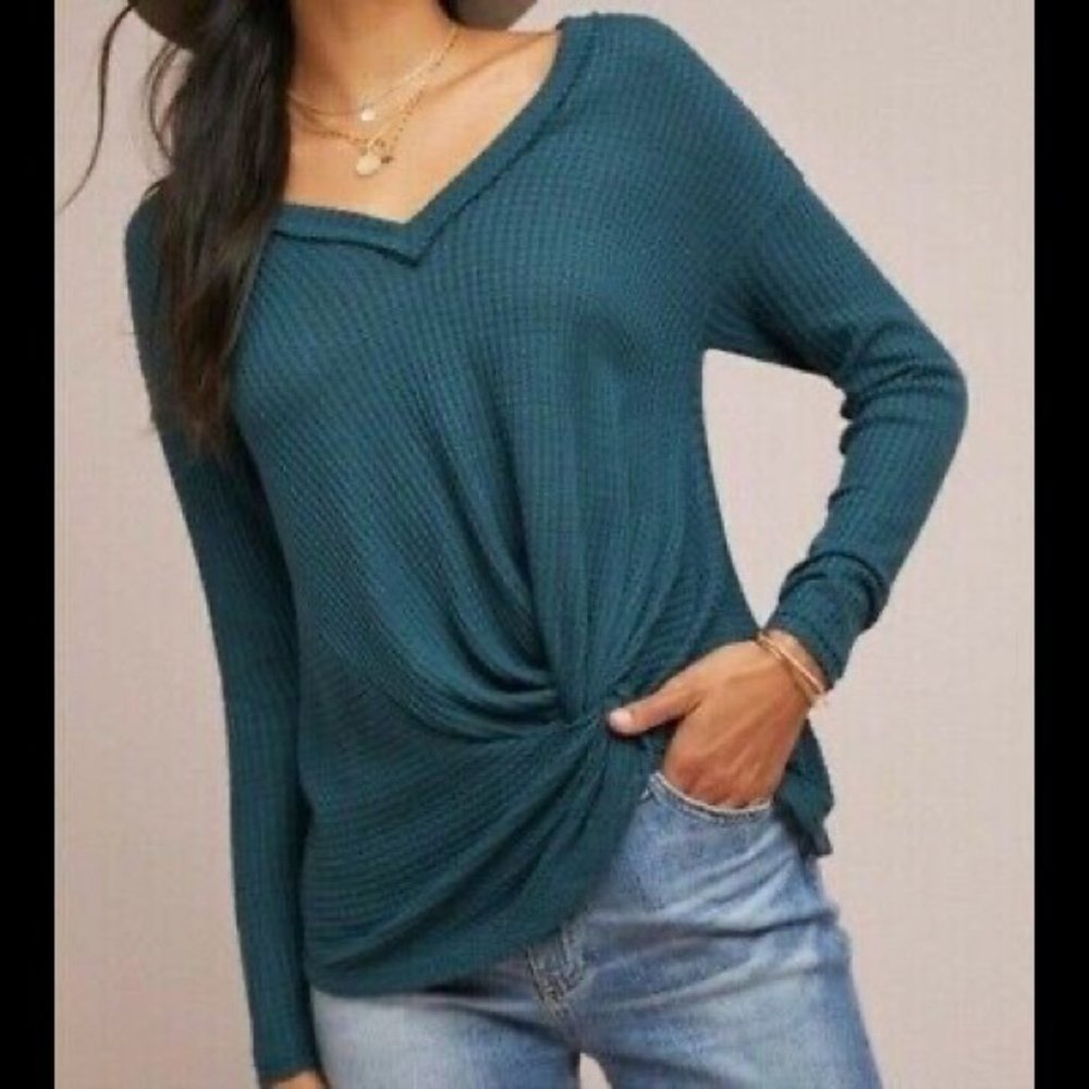 Anthro Akemi Kim Green Forest Knit V Neck Knotted Sweater Top M